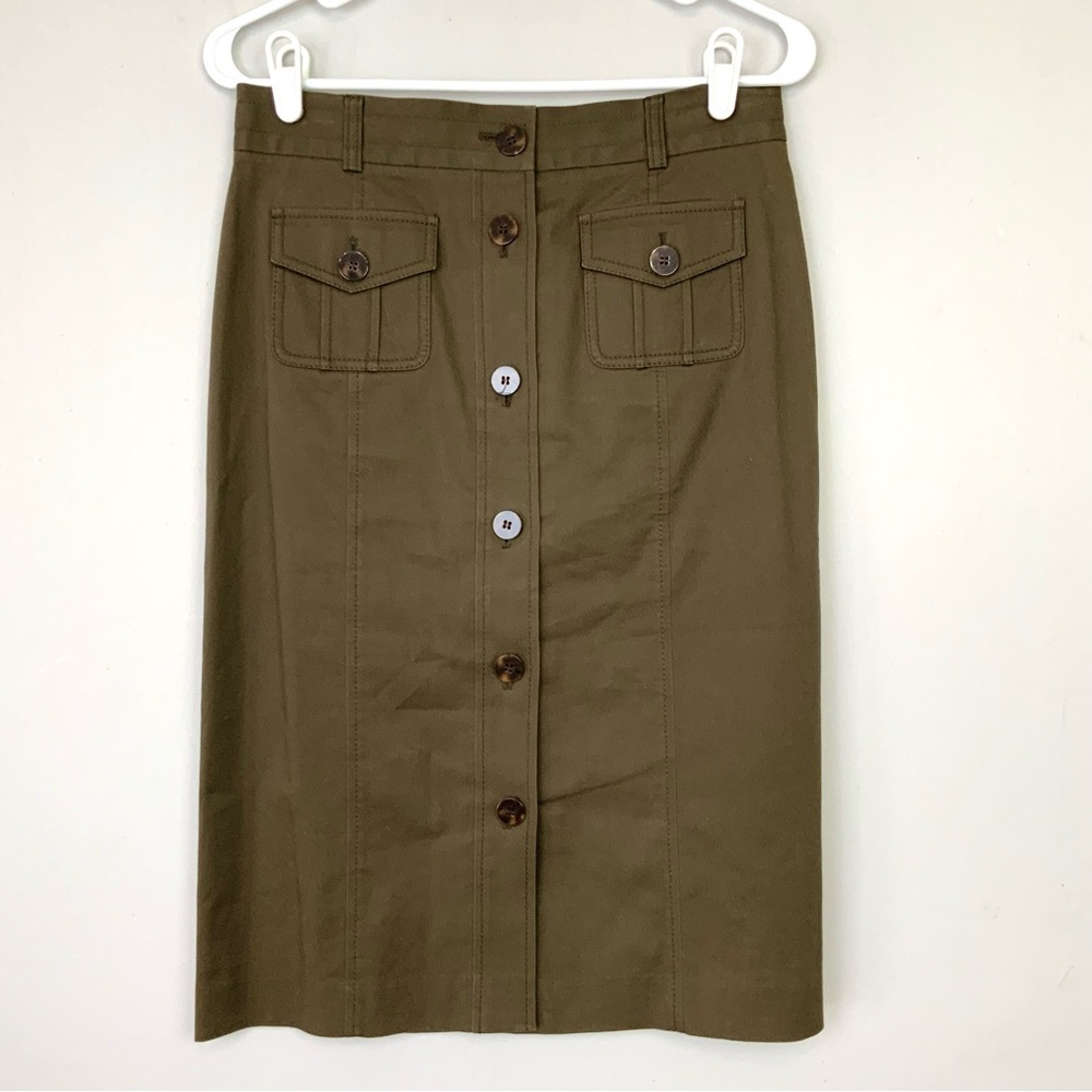 Talbots Sz 6 Olive Green Button Front Cargo Pockets Pencil Skirt Stretch Cotton